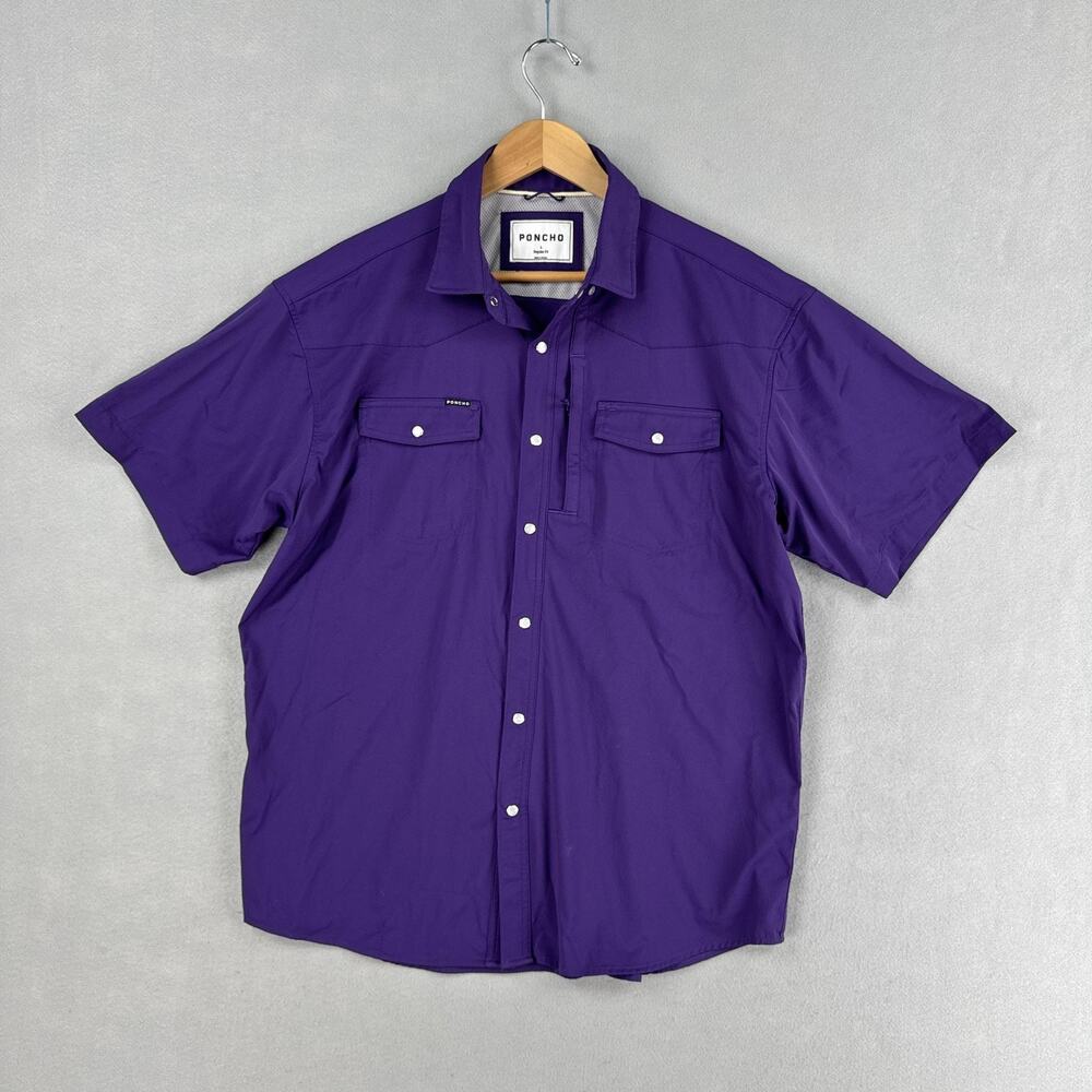 Poncho Shirt Mens Large Purple Solid Snap Front Short Sleeve Stretch Quick Dry